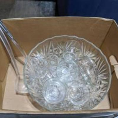 Glad Punch Bowl And Glasses, Two Plastic Ladles