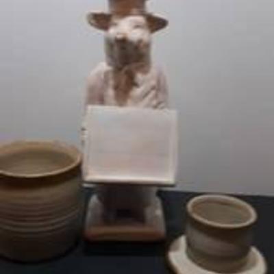 lot of chef pig recipe holder and two ceramic crocks