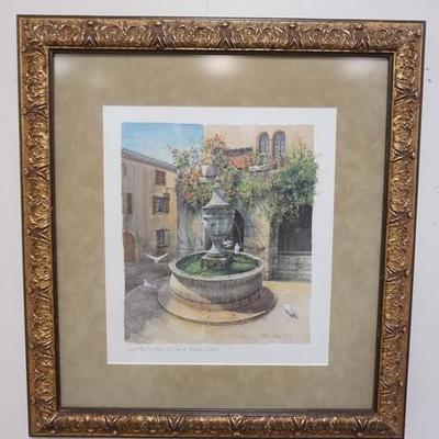 1037	FRAMED PRINT OF A FOUNTAIN IN A COURTYARD. OVERALL DIMENSIONS 22 IN X 24 IN
