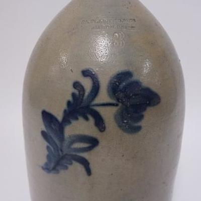 
1008	F A PLAISTED & CO, GARDINER 3 GAL BLUE DECORATED STONEWARE JUG. 15 1/2 IN H
