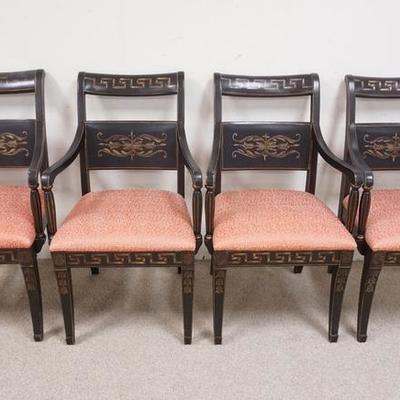 1028	SET OF 4 STENCIL DECORATED ARM CHAIRS. STENCILED ALL THE WAY AROUND. UPHOLSTERED SEATS. EBONIZED FAUX LEATHER FINISH
