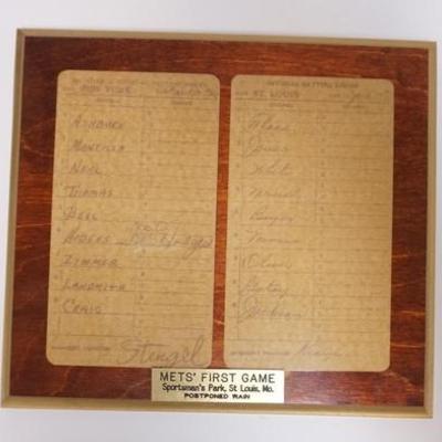 1098	NEW YORK METS LINEUP CARDS FROM THEIR FIRST GAME APRIL 10TH 1962, METS LINEUP SIGNED BY CASEY STENGEL, CARDS ARE MOUNTED ON A...