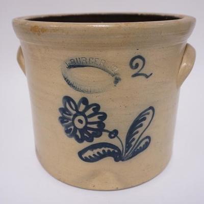 1005	J BURGER ROCHESTER NY 2 GAL BLUE FLORAL STONEWARE CROCK 9 IN H
