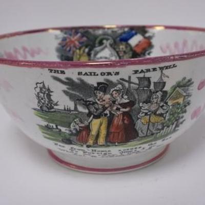 1017	ENGLISH POLYCHROME TRANSFER AND PINK LUSTER BOWL WITH SAILOR THEME. HAS VERSES AND MEDALLIONS INSIDE AND OUT. 9 3/4 IN DIAMETER, 4...
