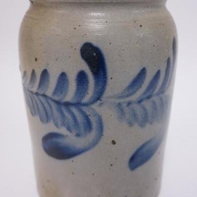 1012	BLUE DECORATED STONEWARE JAR 9 IN H
