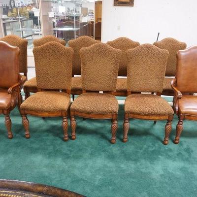 1042	SET OF 10 HICKORY WHITE UPHOLSTERED DINING CHAIRS WITH TWIST LEGS. 2 ARM, 8 SIDE. ARM CHAIRS ARE LEATHER
