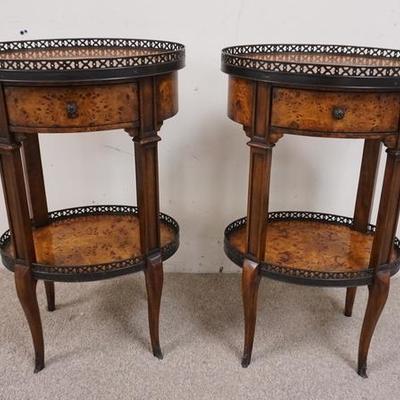 1019	PAIR OF THEODORE ALEXANDER OVAL ONE DRAWER STANDS. BURL WITH PIERCED BRASS GALLERIES. FROM LLOYDS NJ.
