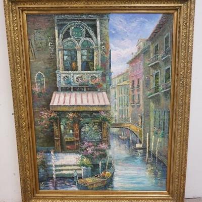 1034	LARGE FRAMED CONTEMPORARY VENETIAN STREET SCENE. CANAL. OVERALL DIMENSIONS 45 1/2 IN X 58 IN
