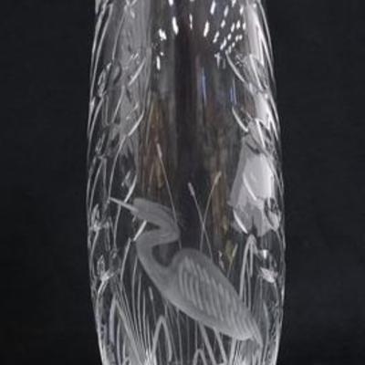 1081	WATERFORD LIMITED EDITION CUT & ENGRAVED VASE EGRET IN THE REEDS SIGNED MICHEAL MORRISSEY, 392 OF 2500, 13 5/8 IN H 
