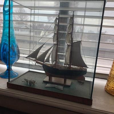 1900's British schooner wooden model ship.  Completed in 1927 then enclosed in glass case.