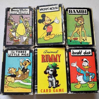 Vintage Disney games cards: Snow White, Mickey Mouse, Bambi, Donald Duck, The Three Little Pigs, and more.