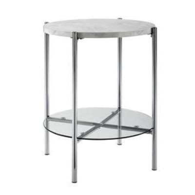 20 inch Round Side Table with White Faux Marble and Chrome Legs