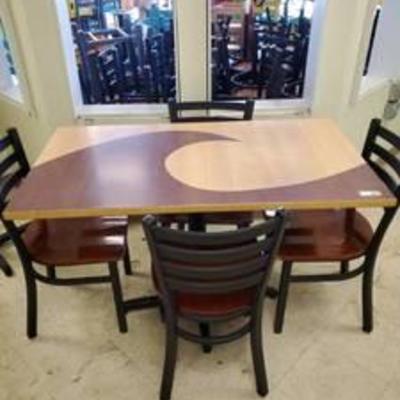 Walnut 4 or 6 Top Table wWave Design and 4 Metal Wood Chairs
