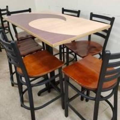Walnut 4 or 6 Top Pub Height Table wWave Design and 6 Metal Wood Barstools