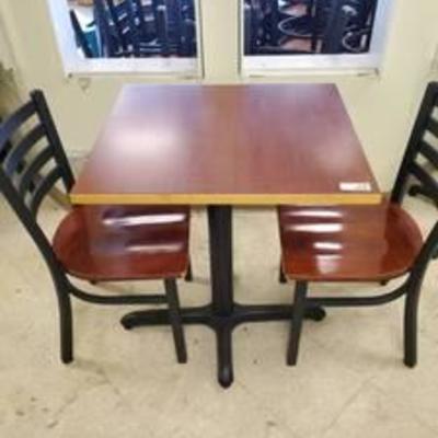 2 Top Walnut Table and 2 Metal Wood Chairs