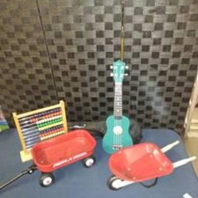 Kids Toy Guitar, Wagon, Wheel Barrow and More