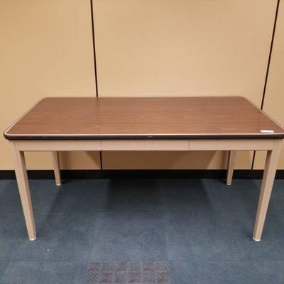Metal Four Legged Table w Wood Look Top and Drawer