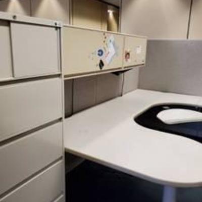 Cubicle Desk, Full Walls, Hutch Top, Lateral Filing Cabinet