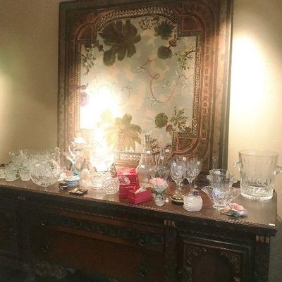 Large Framed Textile, Crystal Collection, Wooden Carved Buffet
