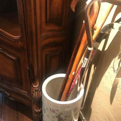Ceramic Umbrella Stand and Wooden Walking Canes