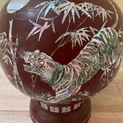 Mother of Pearl Chinese Umbrella Stand with Full Moon and Tiger 