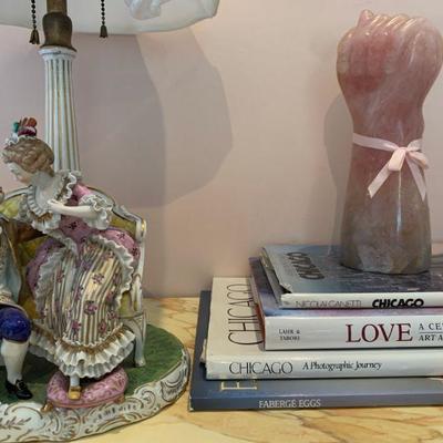 Italian Porcelain Lamp, Rose Quartz Fist, Coffee Table Books 
