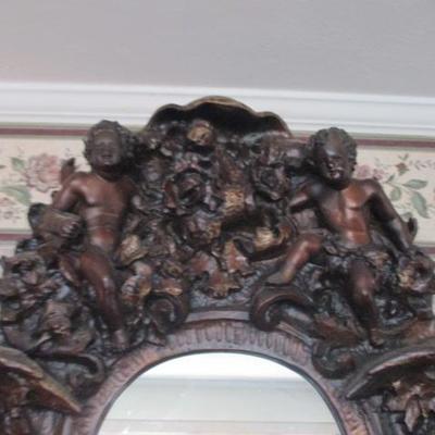 Antique Gothic Angel Cherub Zodiac Brutalist Style Carved Wall Mirror 