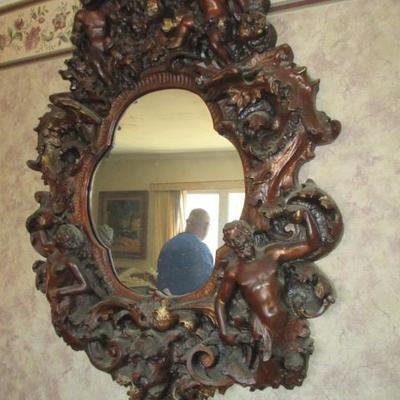 Antique Gothic Angel Cherub Zodiac Brutalist Style Carved Wall Mirror 