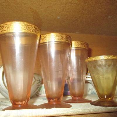 Pink Vintage Gold Rim Cut Glass Drinking Glasses 