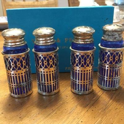 4 FB Rogers Cobalt Blue Salt and Pepper Shakers with Silverplated Jackets.