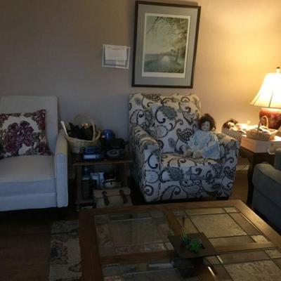 Two Upholstered Lounge Chairs, Oak End Table (matches coffee table), Lamp, Framed Art.