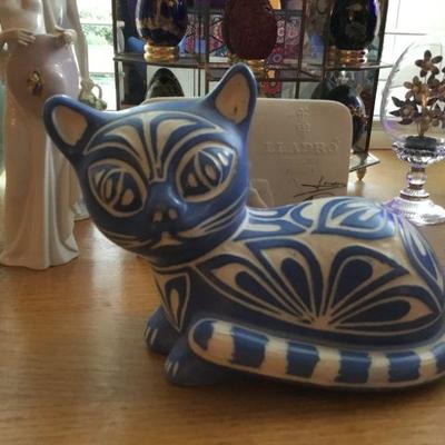 Blue and White Ceramic Cat 