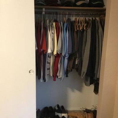 Men's Clothing, Shoes (Size 9), Wood Hangers, Caps.