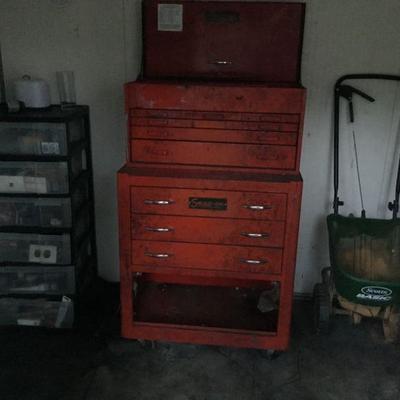 Misc. Items in plastic storage drawers, Empty Tool Chest, Scott spreader