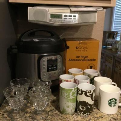 Sony Under- Cabinet Radio, Instant Pot, Air Fyer Accessories Bundle, Mugs, 4 Anchor Hocking Sherbets