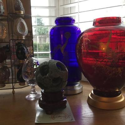Carved Jade Family Ball-Sphere, 1990 Erte Applause Ruby Red Vase by Franklin Mint, 1988 Erte Fireflies Cobalt Blue Glass Vase by Franklin...