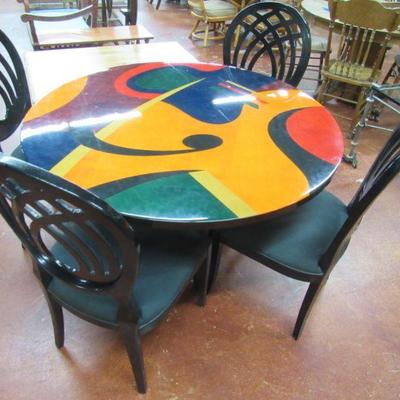 Modern Hand Painted Signed Table with 4 Chair, signed