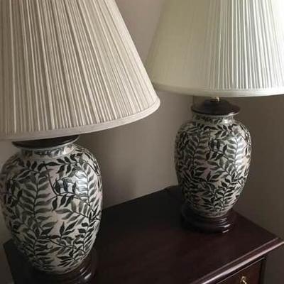 Pair of Green Fern Pottery Lamps