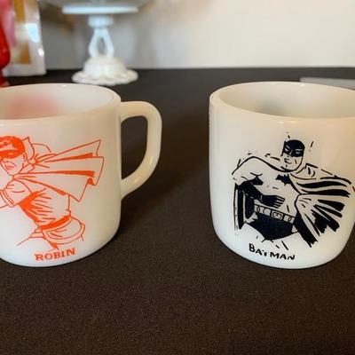 1950's Batman and Robin milk glass mugs 