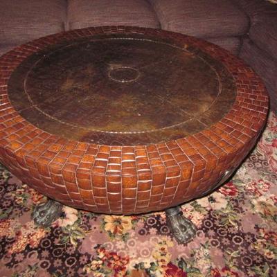 Round Leather Top Coffee Accent Table 