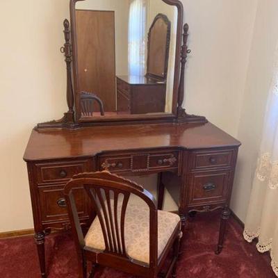 Antique Vanity with 6 Drawers and Swivel Mirror