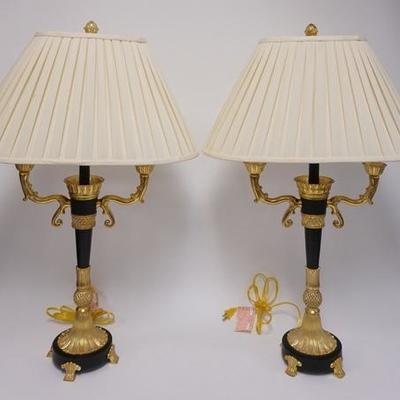 1030	PAIR OF GILT DECORATED METAL TABLE LAMPS, W/ PLEATED CLOTH SHADES, 33 1/2 IN H 
