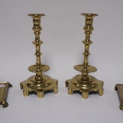1020	2 PAIRS OF ANTIQUE BRASS CANDLESTICKS. TALLEST 10 IN
