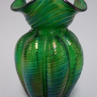 1040	BOHEMIAN ART GLASS VASE BLOWN IN A MELON RIBBED MOLD W/ A THREADED DECORATION, POLISHED PONTIL, 6 1/2 IN H 
