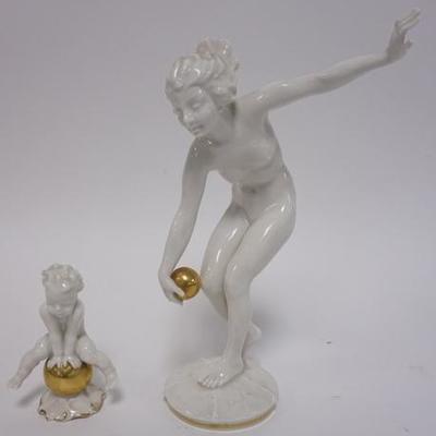 1016	2 HUTCHENREUTHER PORCELAIN FIGURES, A WOMAN AND A CHILD WITH GOLD TRIM. SIGNED K TUTTER. TALLEST 9 3/4 IN.
