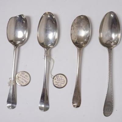 1075	FOUR ANTIQUE COIN SILVER SPOONS VARIOUS MAKERS, TWO HAVE BOWL WEAR, LONGEST IS 8 3/4 IN,  6.39 TROY OZ 

