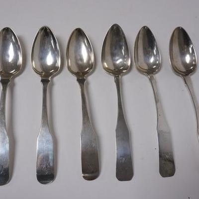 1036	GROUP OF SIX COIN SILVER SERVING SPOONS VARIOUS MAKERS, LONGEST IS 9 IN, 12.635 TROY OZ 
