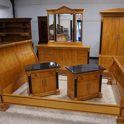 1069	THOMASVILLE FIVE PIECE CARVED BEDROOM SET, DRESSER W/ TRIPLE BEVELED MIRROR, WARDROBE & TWO MARBLE TOP NIGHT STANDS, HAS TIGER &...