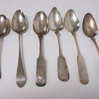 1034	GROUP OF SIX COIN SILVER SERVING SPOON VARIOUS MAKERS,  TWO HAVE WEAR TO THE BOWL TIPS, LONGEST IS 8 3/4 IN 8.49 TROY OZ 
