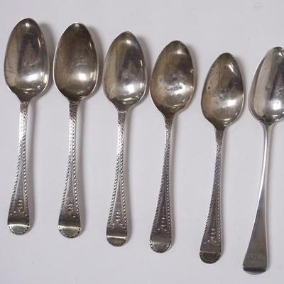 1074	SIX STERLING SILVER SMALL SPOONS, INCLUDES A MATCHING SET OF FIVE LONGEST IS, 5 1/4 IN, 2.37 TROY OZ 
